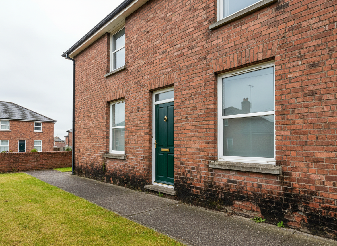 A wide photographic realism shot of a semi-detached Dublin brick house exterior on an overcast day, focusing on visible signs of damp at ground level. The red-brown brickwork shows darker tide marks, crumbling mortar, and algae staining near the base, with a narrow concrete path and a small patch of grass in front. Soft, even overcast light reduces harsh shadows, revealing subtle colour shifts in the damp areas. The camera is positioned at a slightly elevated angle, capturing the full façade from door to ground. The atmosphere is factual and professional, conveying a real, solvable property issue rather than neglect, with clean composition and plenty of negative space for potential overlay elements.