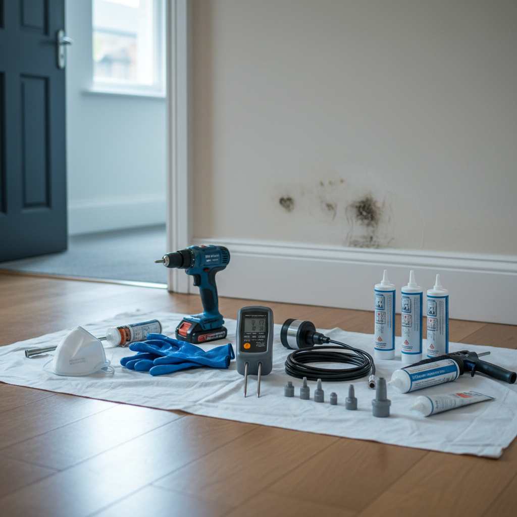 A photographic realism image of professional damp proofing tools neatly arranged on a clean dust sheet in a modern Dublin hallway. A digital moisture meter with its probes visible, a borescope camera, protective gloves, dust mask, drill, injection nozzles, and cartridges of damp proof cream are all clearly displayed. Behind them, an interior wall with faint damp staining near the skirting suggests the upcoming treatment area. Soft, cool daylight from a nearby doorway creates gentle highlights on the tools’ plastic and metal surfaces, casting subtle shadows for depth. Shot from a slightly elevated angle with a moderate depth of field, the composition feels organised, technical, and trustworthy, emphasising thorough, professional inspection and treatment processes.