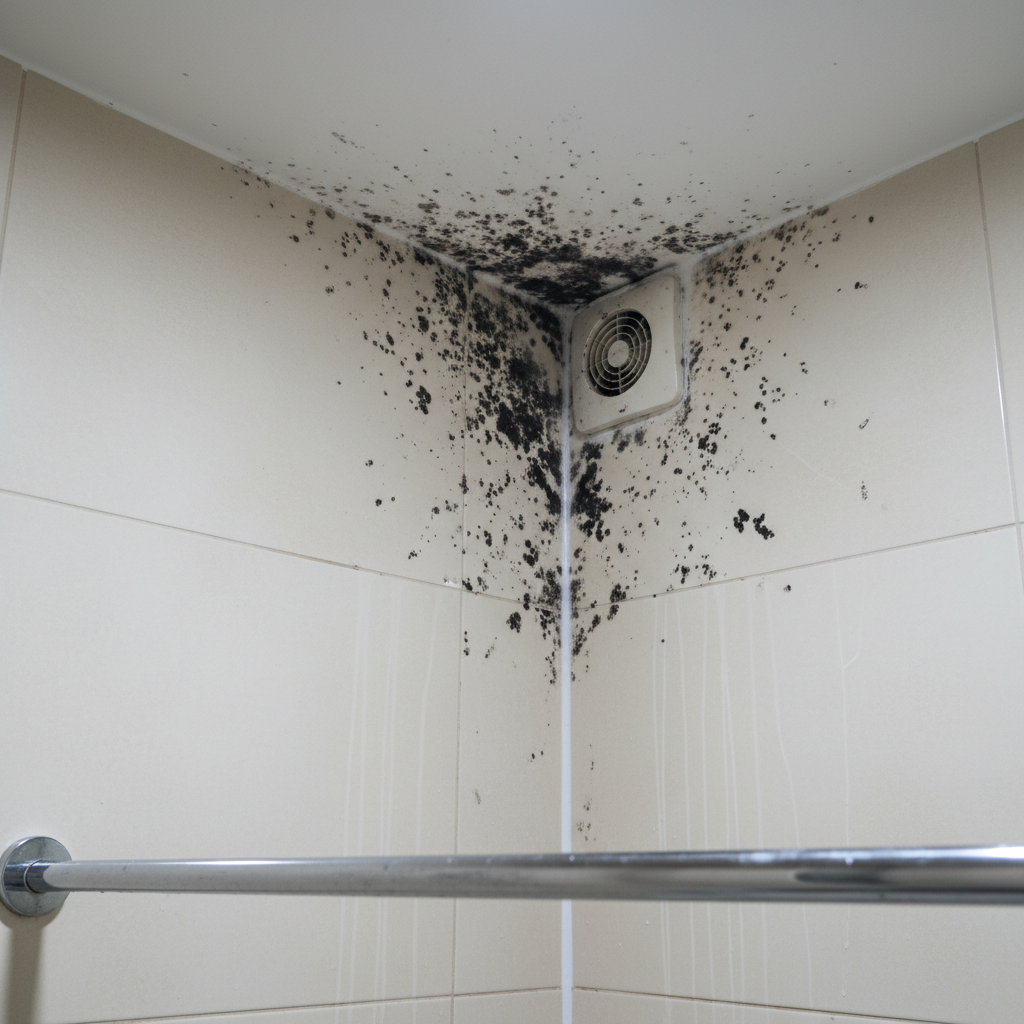 A photographic realism close-up of black mould growth in the corner of a Dublin bathroom ceiling, where the tiled wall meets the painted plaster above. The mould forms irregular dark clusters and speckles, contrasting against off-white paint, with faint condensation streaks on nearby glossy ceramic tiles. A small extractor vent and a section of chrome shower rail add functional context. Cool, diffused artificial bathroom lighting from above reveals the damp sheen without making the scene overly harsh. Shot at a slight upward angle with tight framing, the image feels clinical and educational, ideal for illustrating condensation and mould problems that require specialist removal and ventilation advice.
