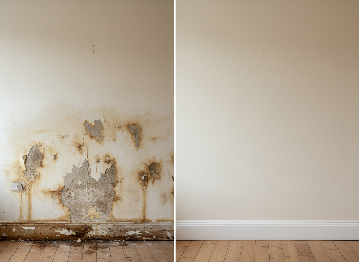 A detailed before-and-after photographic realism composition split vertically down the centre, showing a Dublin living room wall treated for rising damp. On the left, the wall is discoloured with peeling paint, bubbling plaster, and visible damp patches near the skirting. On the right, the same wall appears fully restored: smooth, freshly painted in a warm off-white, with a clean skirting board and dry timber floor. Subtle, consistent natural light from a side window illuminates both halves evenly, ensuring the contrast is in condition, not lighting. Shot at eye level with sharp focus across the scene, the mood is reassuring and solution-focused, perfectly illustrating the effectiveness of professional damp proofing.