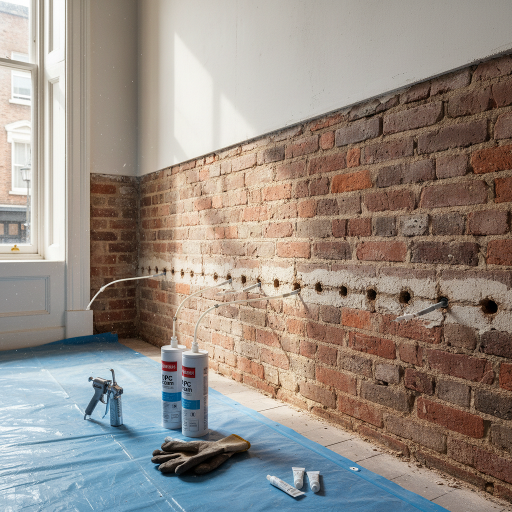 A photographic realism scene of an exposed interior wall under renovation in a Dublin townhouse, showing the process of installing a new chemical damp proof course. The lower plaster has been removed, revealing red brickwork with evenly spaced drilled holes along the mortar joint. Several injection nozzles are in place, attached to cartridges of damp proof cream resting on a plastic-covered floor. Natural light from a nearby sash window illuminates the work area, catching dust particles in the air and highlighting the brick texture. Captured at an eye-level angle with sharp focus throughout, the mood is methodical and professional, showcasing the technical side of rising damp treatment without clutter or distraction.